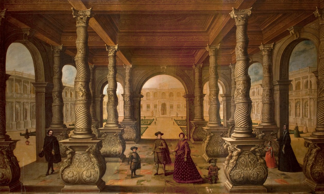 Filipe IV e a sua Rainha numa Colunata, c.1630 (óleo sobre tela) de Juan de la Corte