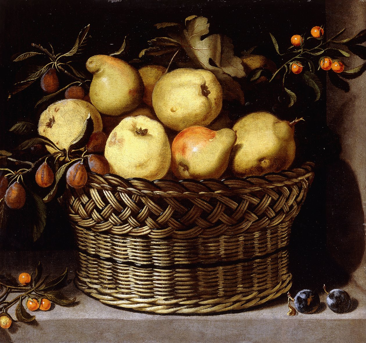 Uma cesta de vime com frutas em uma borda de pedra, de Juan van der Hamen y Leon