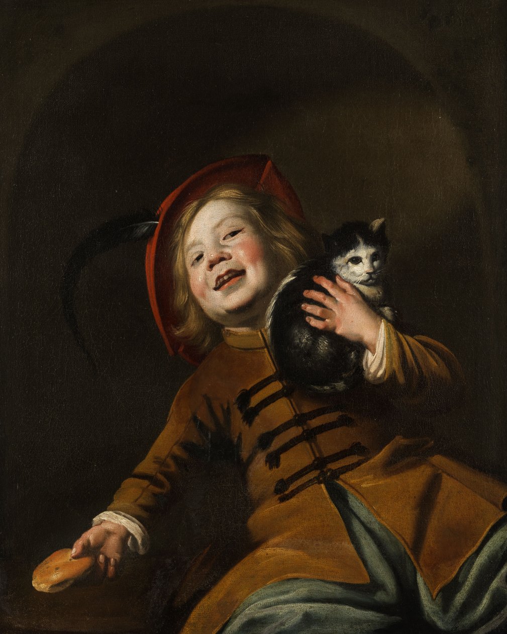 Retrato, de, um, menino, com, um, gato, um, chapéu vermelho, e, um, pedaço pão de Judith Leyster