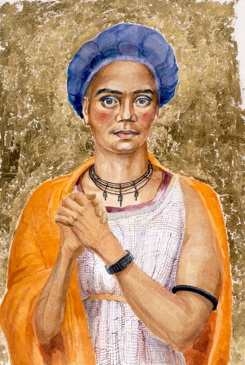 Um homem apresentado como seguidor de Cibele-a-Gallus, romano tardio (aguarela sobre papel) de Judith Dobie