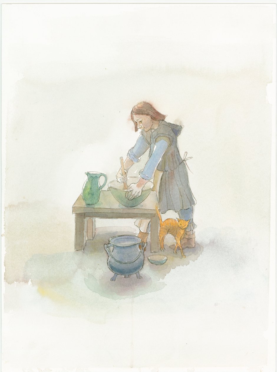 Um cozinheiro medieval preparando comida, 2004. de Judith Dobie