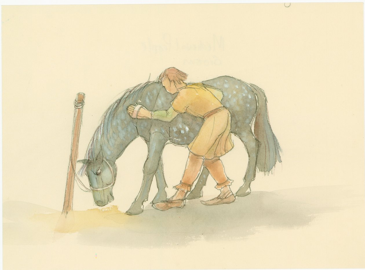 Um noivo medieval escovando um cavalo, 2004. de Judith Dobie