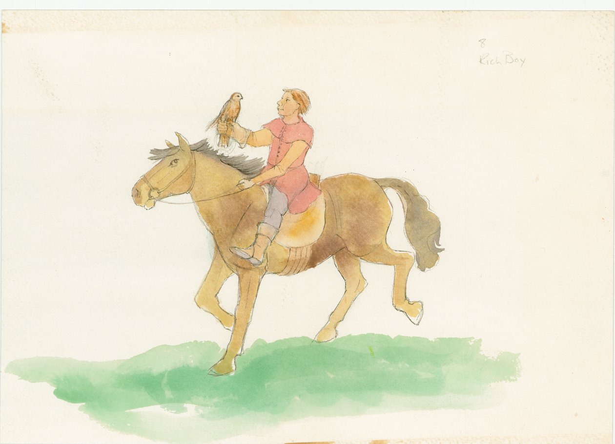 Um homem medieval, mostrado montando um cavalo com uma ave de rapina no braço, 2004. de Judith Dobie