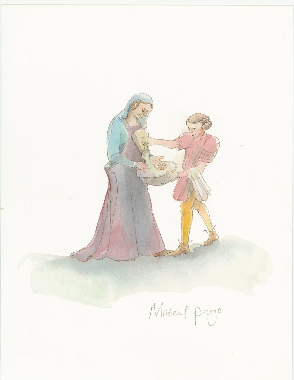 Uma página medieval ajudando uma senhora a lavar as mãos, 2004. de Judith Dobie