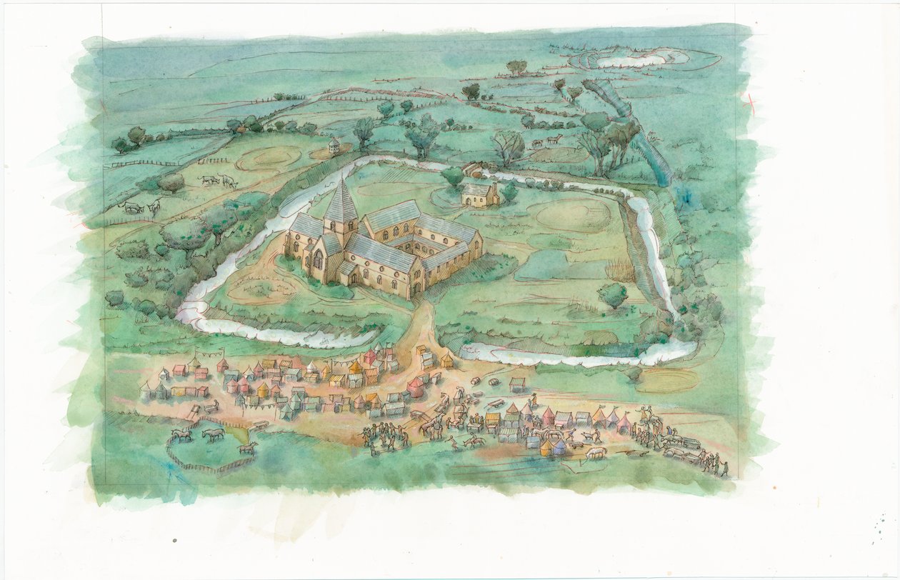 Uma pintura de reconstrução que mostra uma vista oblíqua do Priorado de Latton, tal como poderá ter aparecido no final do século XII de Judith Dobie