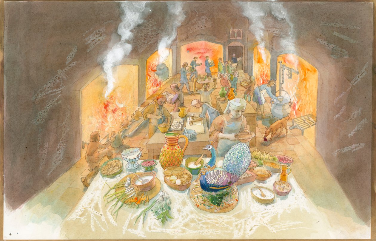 Uma cena de cozinha medieval (aguarela sobre papel) de Judith Dobie