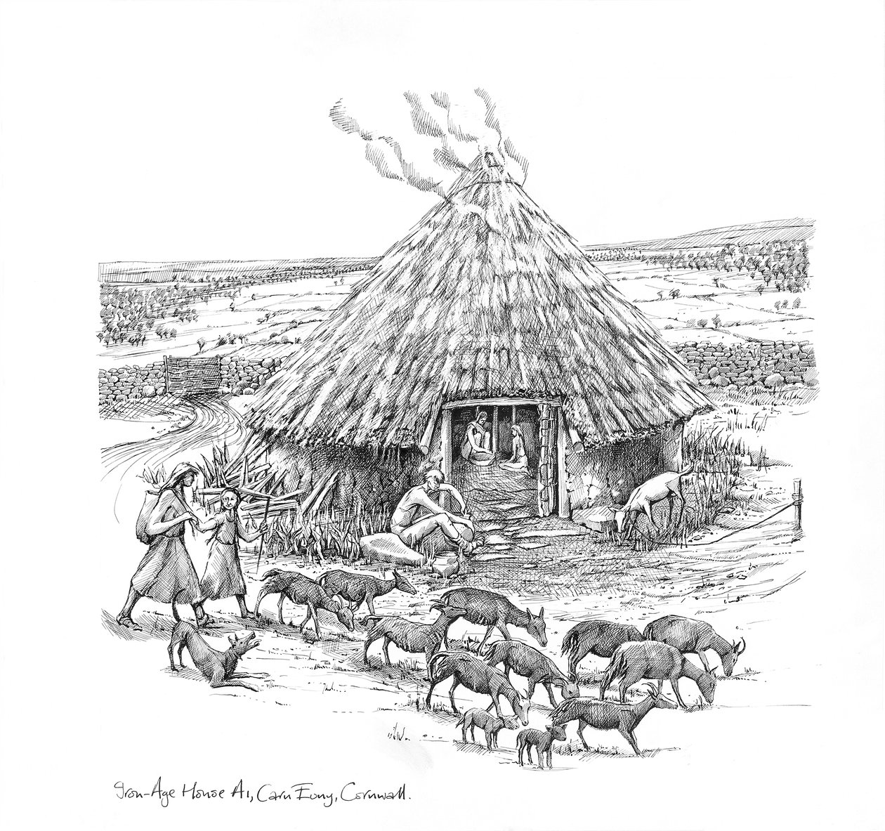 Agricultores e um rebanho de cabras fora da Idade do Ferro Roundhouse, c1990-2010 de Judith Dobie