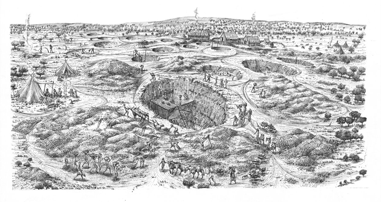 Mineração neolítica de sílex em Easton Down, Wiltshire (caneta e tinta sobre papel) de Judith Dobie