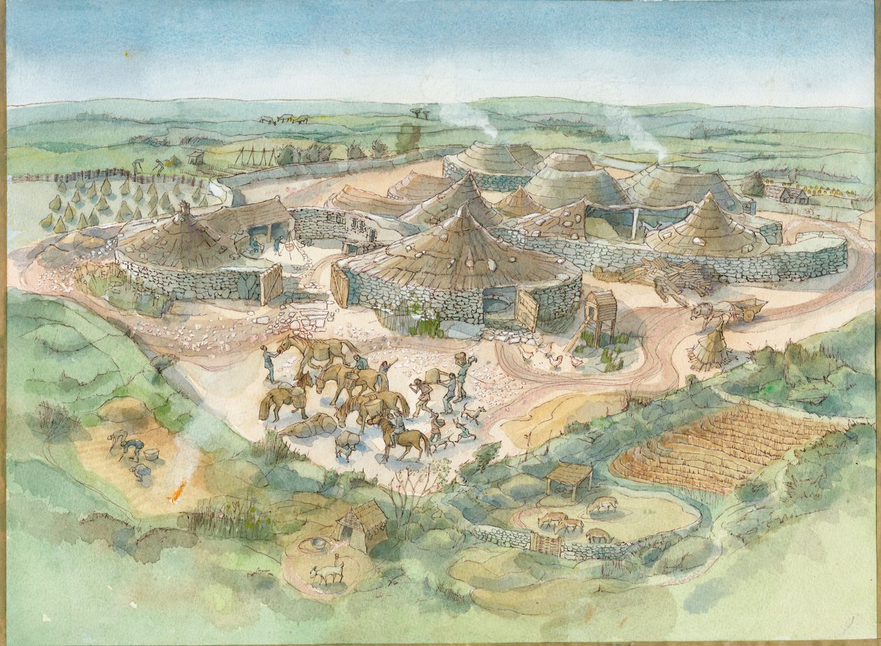 Reconstrução de Carn Euny (aguarela sobre papel) de Judith Dobie