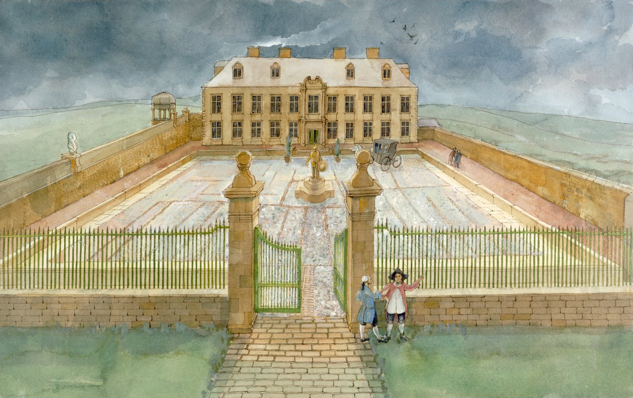 Salão de banquetes e átrio da mansão Cholmley na abadia de Whitby em 1700 (aguarela sobre papel) de Judith Dobie