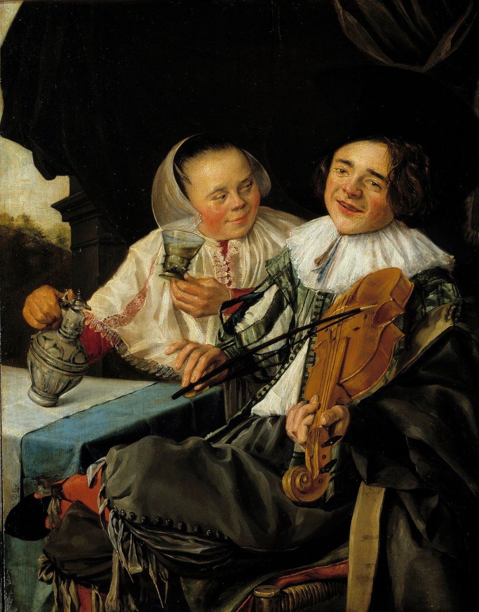 A alegre companhia Um violinista e uma mulher servindo-lhe um copo de vinho, ambos bêbados. Pintura de Judith Leyster (1609-1660) de Judith Leyster