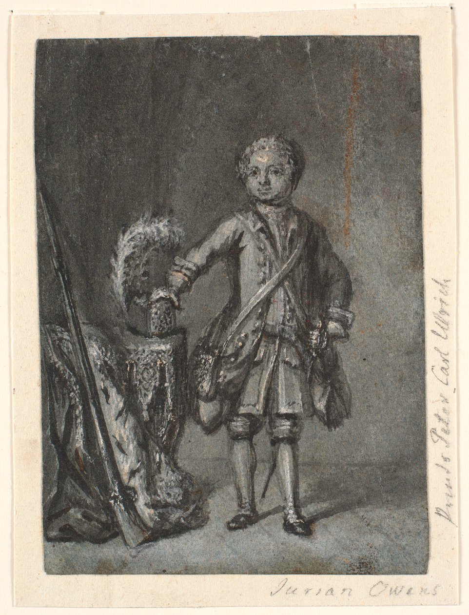 Retrato de menino ereto em artes de caça; televisão. mesa com chapéu de caça e espingarda de cano longo. Príncipe Peter Carl Ulrich? de Jürgen Ovens