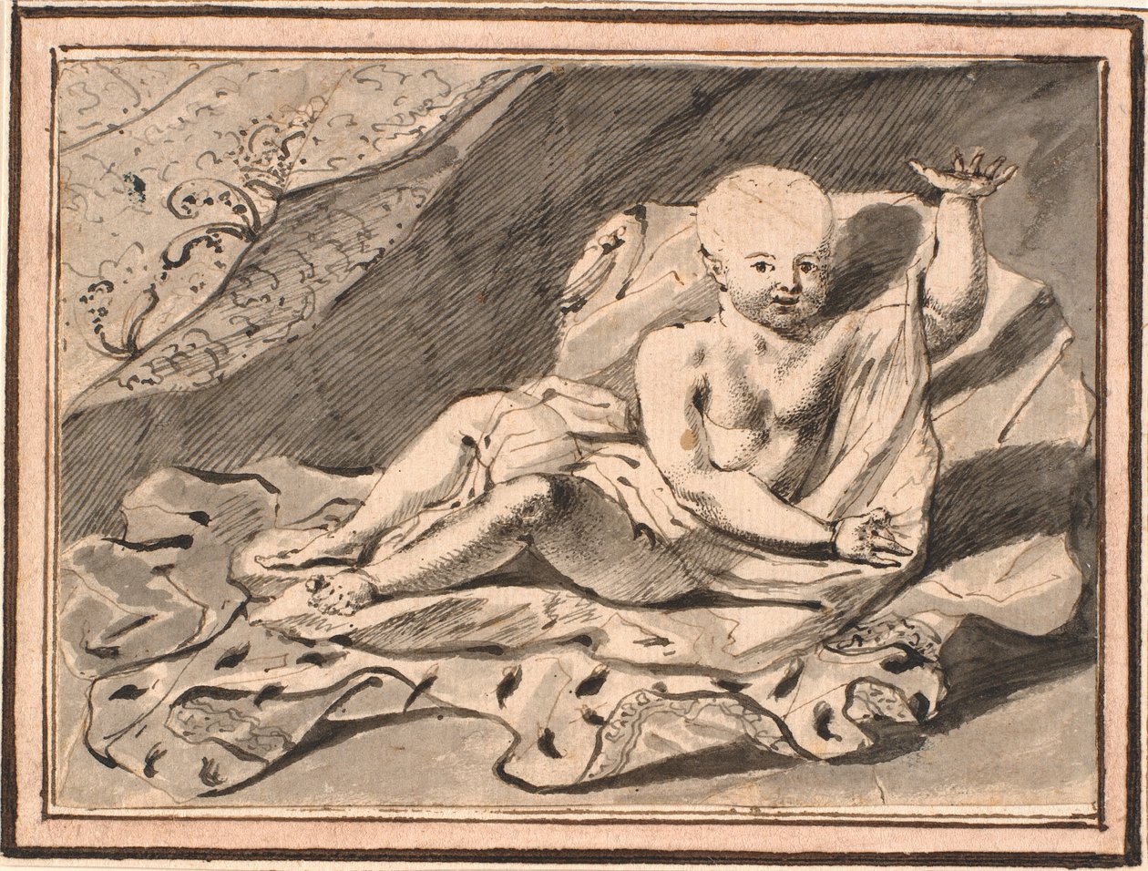 Putti, reclinado em manto de arminho de Jürgen Ovens