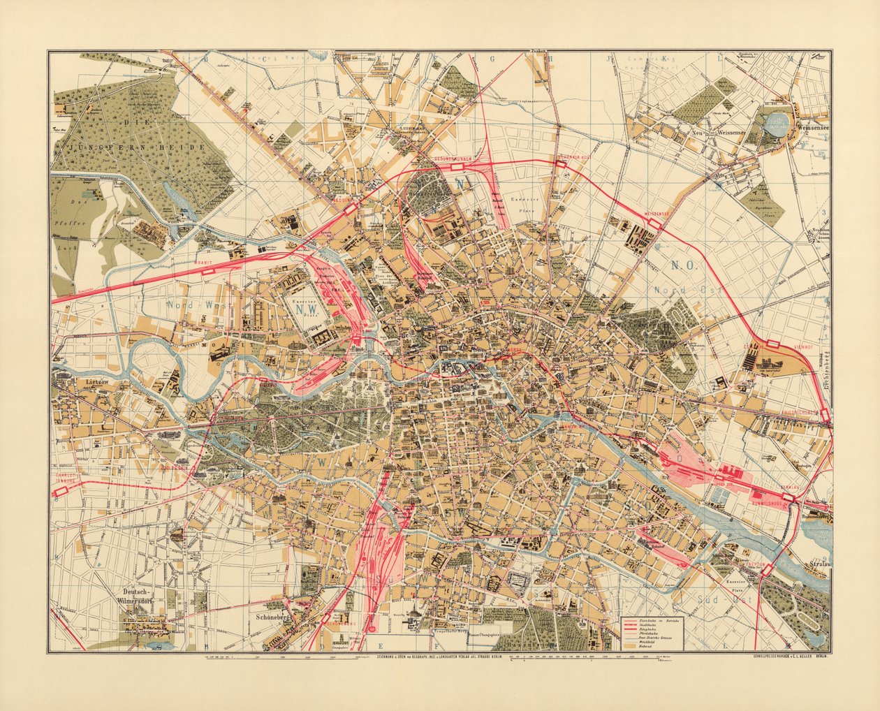Mapa de Berlim, impresso por CL Keller, Berlim, 1890 de Jul. Straube