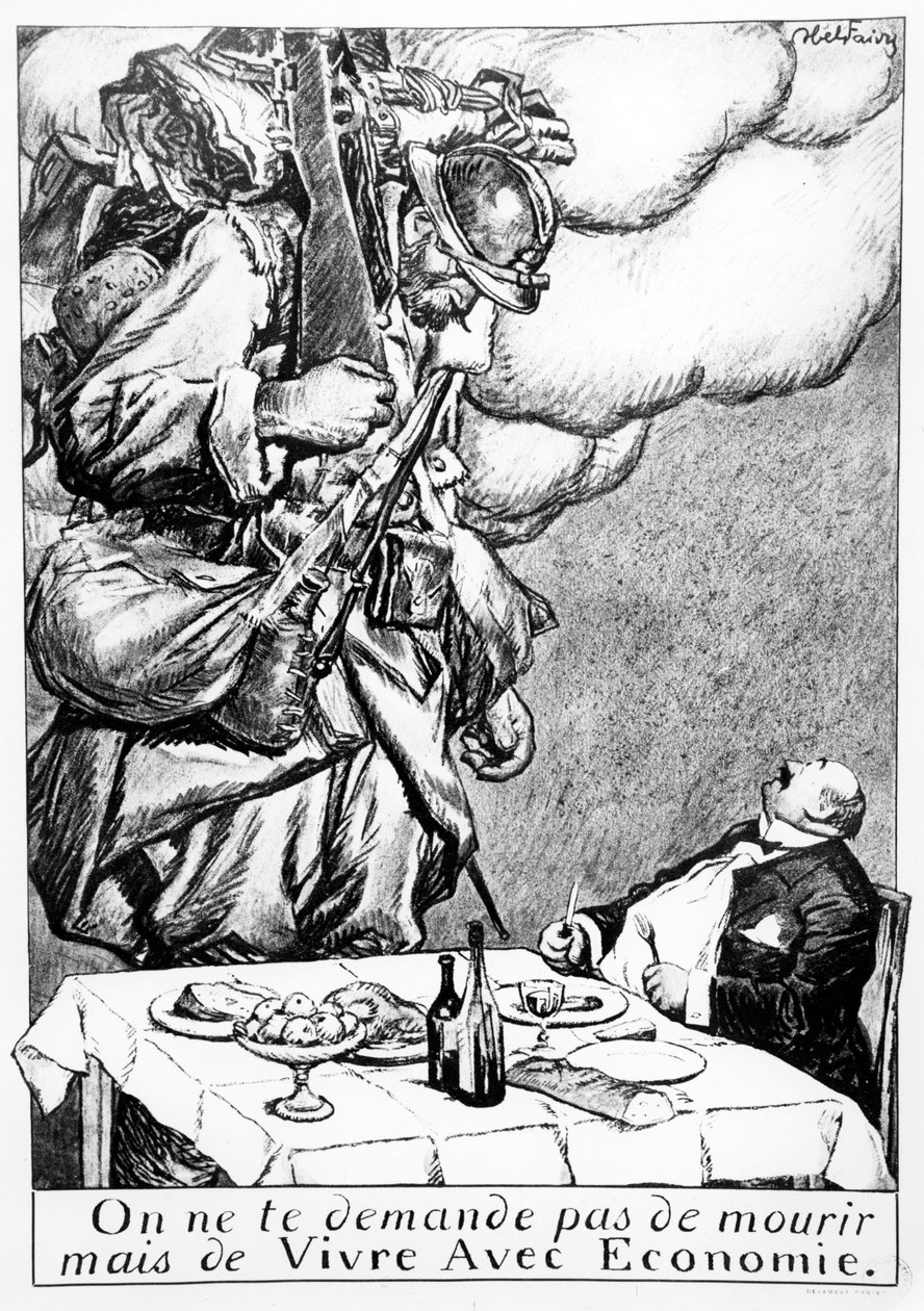 &39;Você não é pedido para morrer, mas para ser parcimonioso&39;, caricatura de aproveitadores de guerra, c. 1914-18 de Jules Abel Faivre
