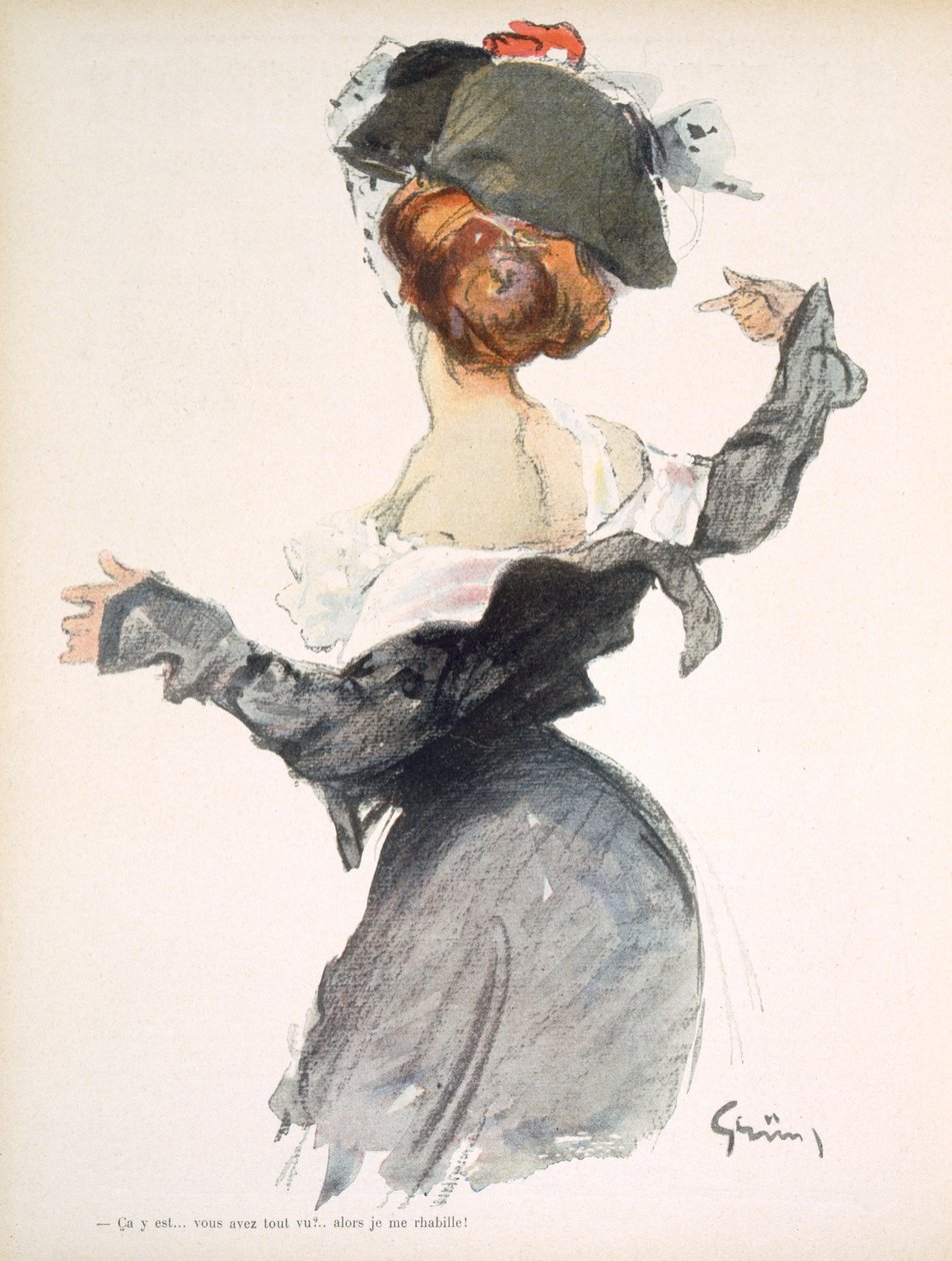 Desenho animado de uma mulher executando um striptease apressado durante a Primeira Guerra Mundial, de &39;La Baionnette&39;, 1915 de Jules Alexandre Gruen or Grun