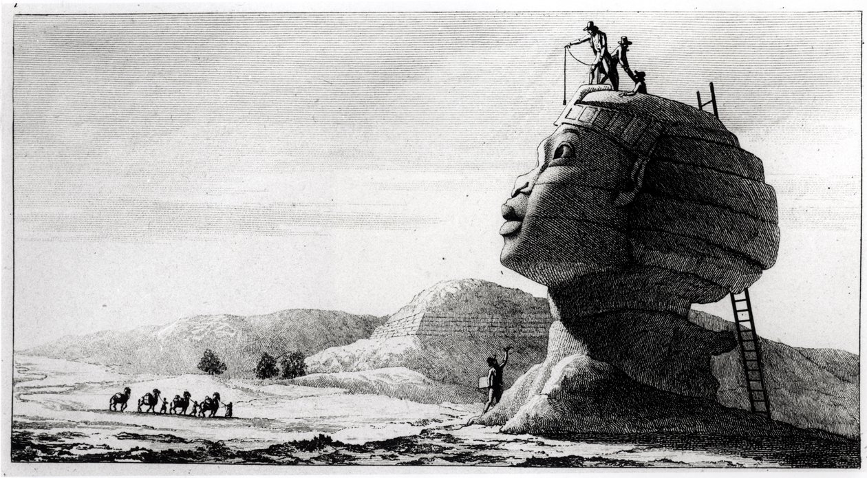 Os franceses medem a esfinge, de Voyage en Egypte por Dominique Vivant Denon (1747-1825), gravada por Deparc, 1802 (foto bw) de Jules Alfred Vincent Rigo