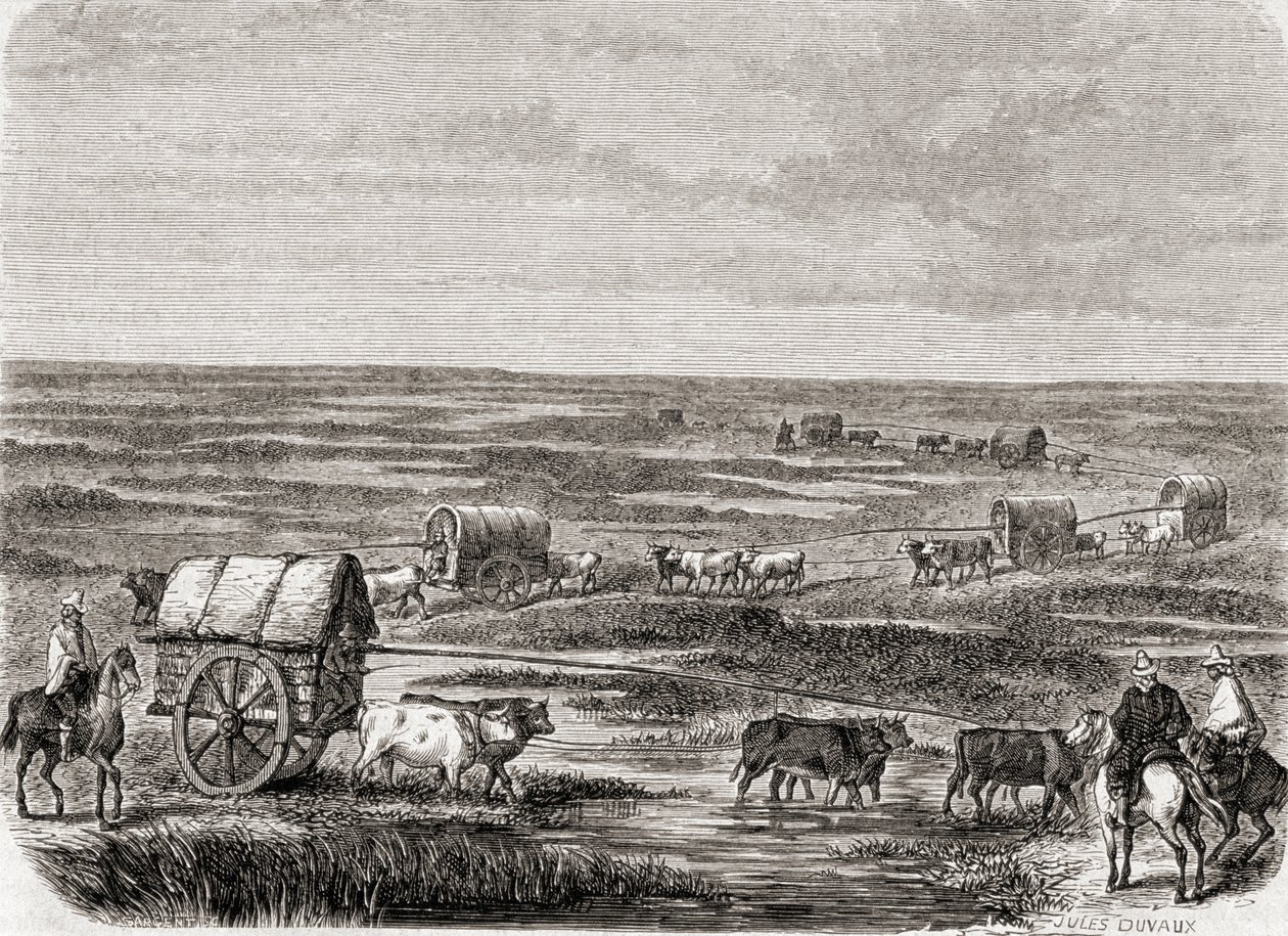 Trem de vagão nas pampas argentinas na década de 1860, gravado por Alfred Louis Sargent (n.1828) de Jules Antoine Duvaux