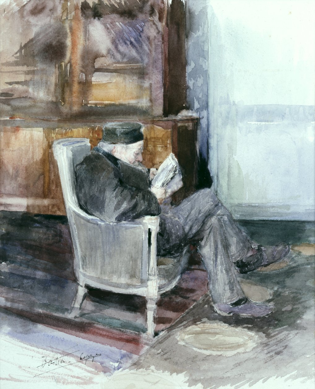 Velho sentado em uma poltrona (aquarela) de Jules Bastien Lepage
