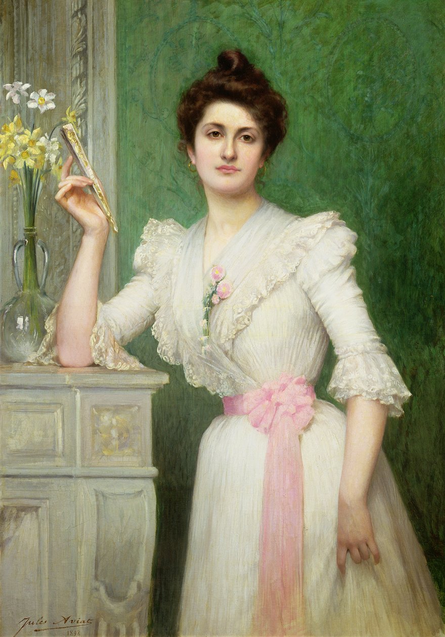 Retrato, senhora, segurando, ventilador, 1898 de Jules Charles Aviat