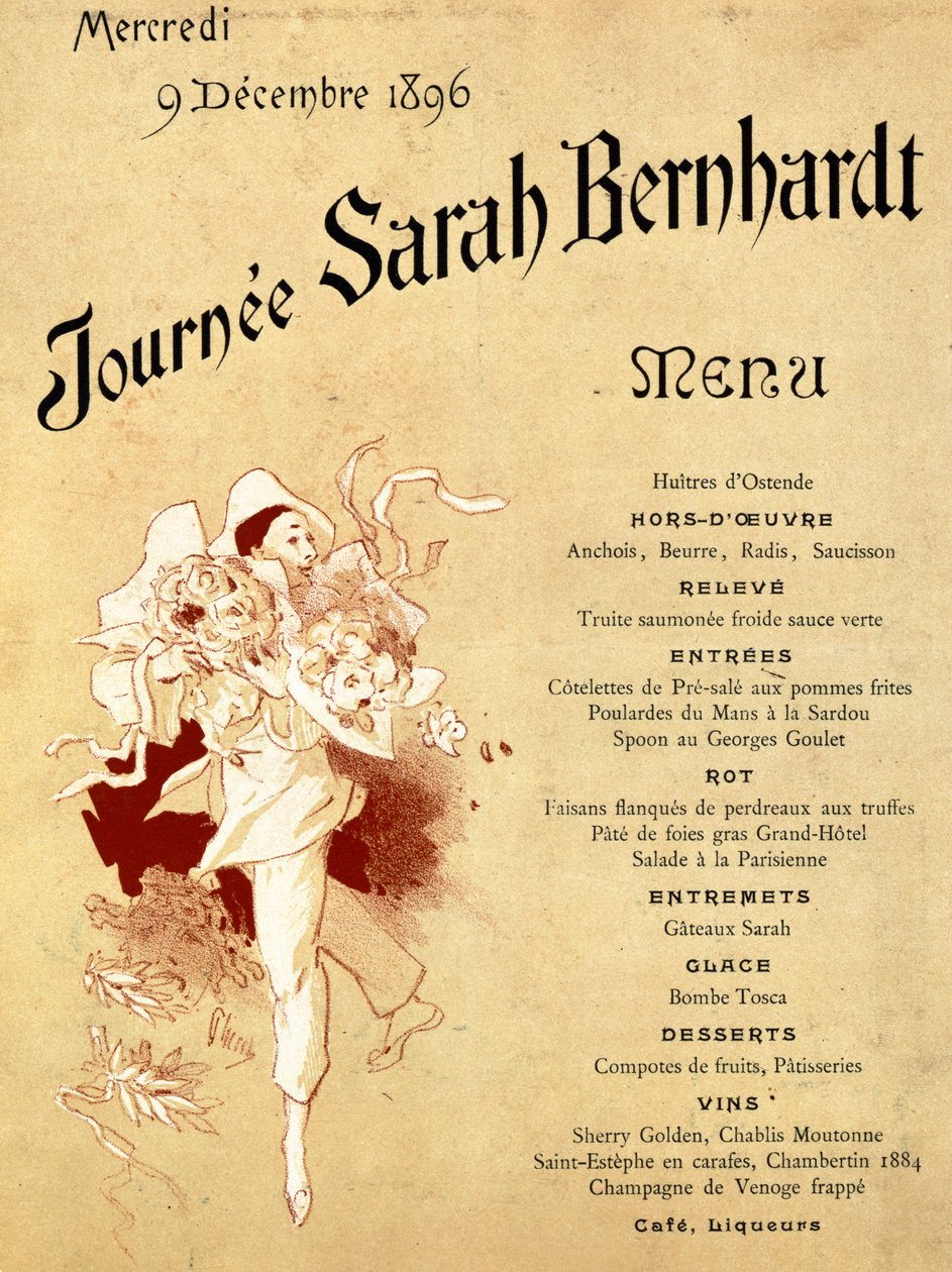 Quarta-feira, 9 de dezembro de 1896, Sarah Bernhardt Day, Menu Card, 1896 (ver também 245010) de Jules Cheret