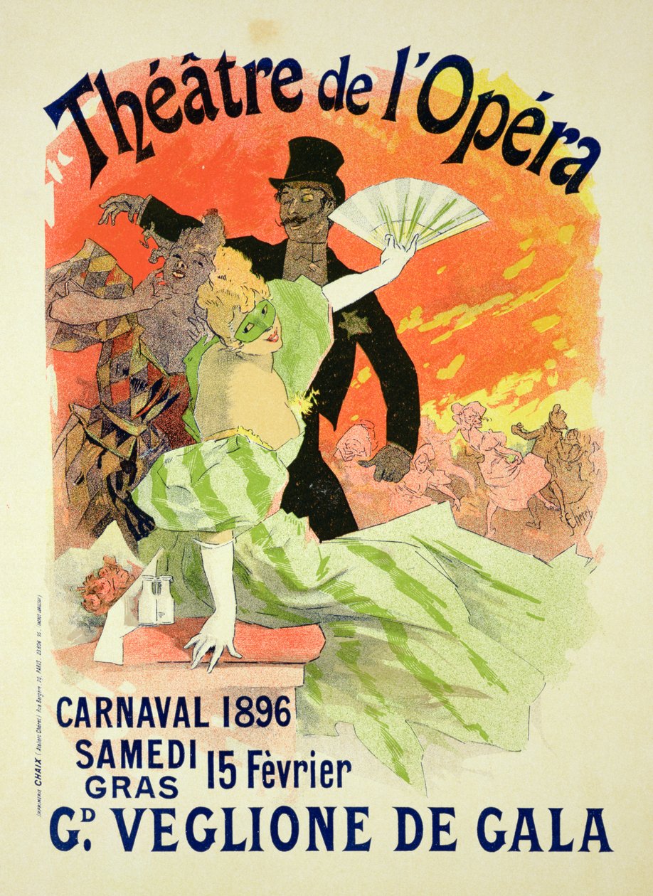 Reprodução de um cartaz que anuncia o Carnaval de 1896 no Theatre de l&39;Opera, 15 de fevereiro de 1896 de Jules Cheret