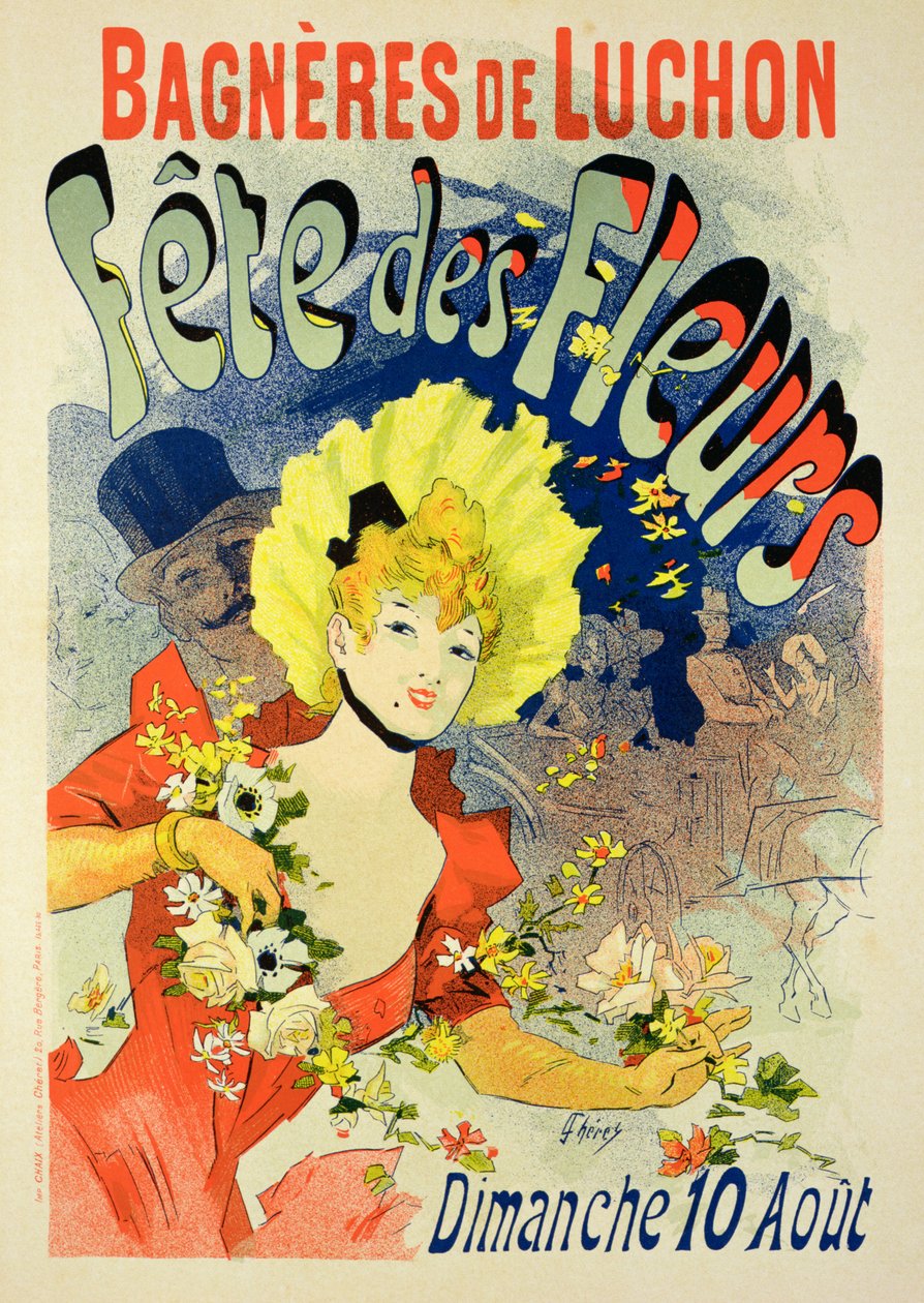 Reprodução de um cartaz que anuncia o Festival das Flores em Bagneres-de-Luchon, 1890 de Jules Cheret