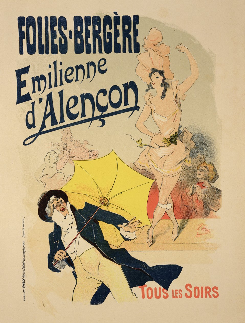 Reprodução de um cartaz publicitário "Emile d&39;Alencon", todas as noites no Folies-Bergeres, 1893 de Jules Cheret