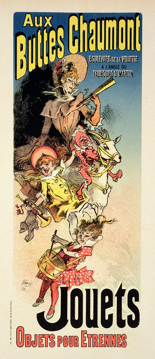 Reprodução de um cartaz publicitário "Presentes de Ano Novo no Buttes Chaumont", Boulevard de la Villette, Paris, 1889 de Jules Cheret