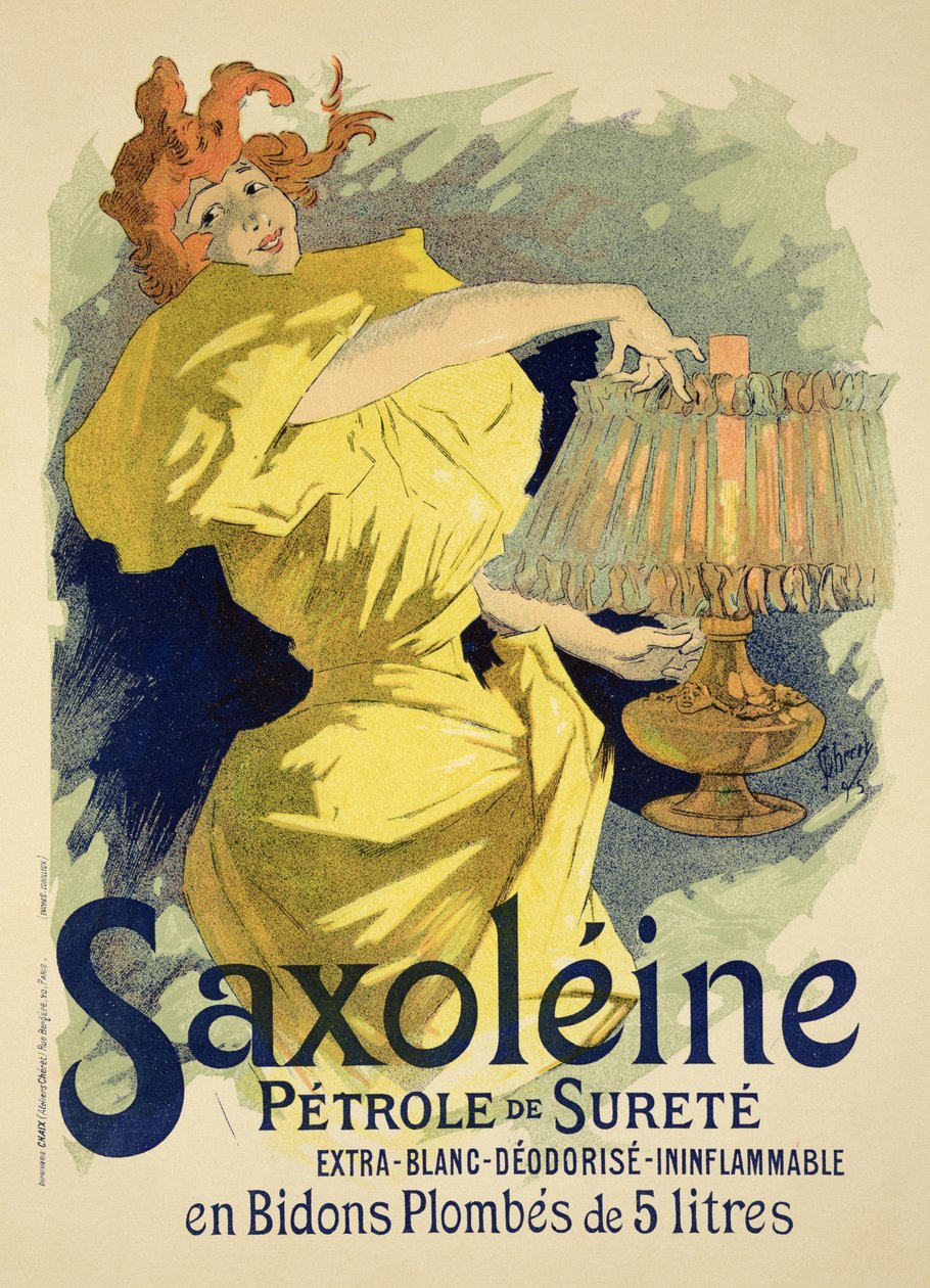 Reprodução de um cartaz publicitário &39;Saxoleine&39;, óleo de parrafin seguro, 1896 de Jules Cheret