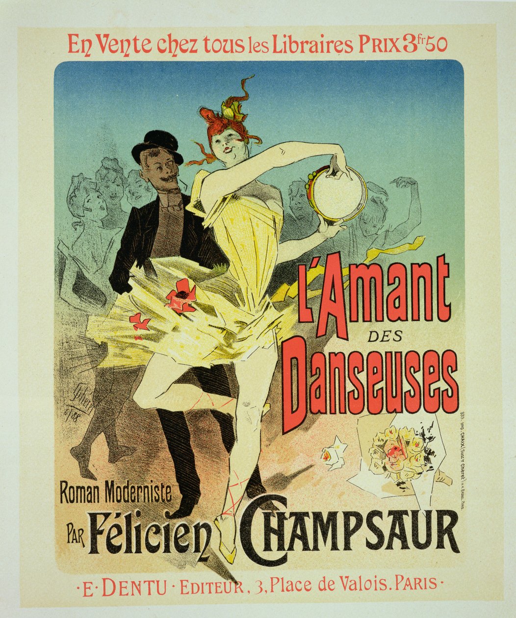 Reprodução de um cartaz publicitário "O amante dos dançarinos", um romance modernista de Felicien Champsaur, 1888 (ver 127004) de Jules Cheret