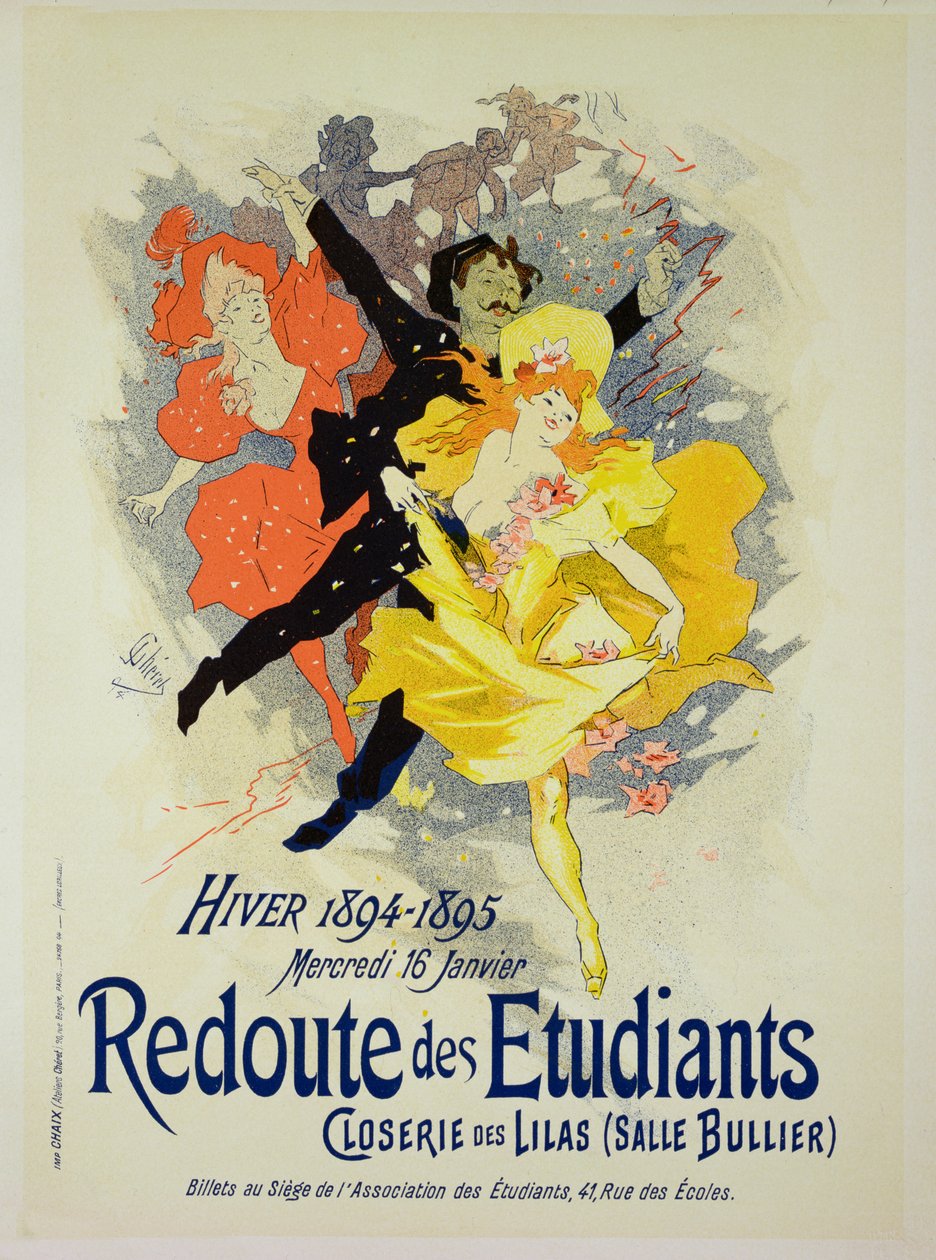 Reprodução de um cartaz anunciando uma &39;Noite de Gala para Estudantes&39;, no Bullier Room, Closerie des Lilas, 1894 de Jules Cheret
