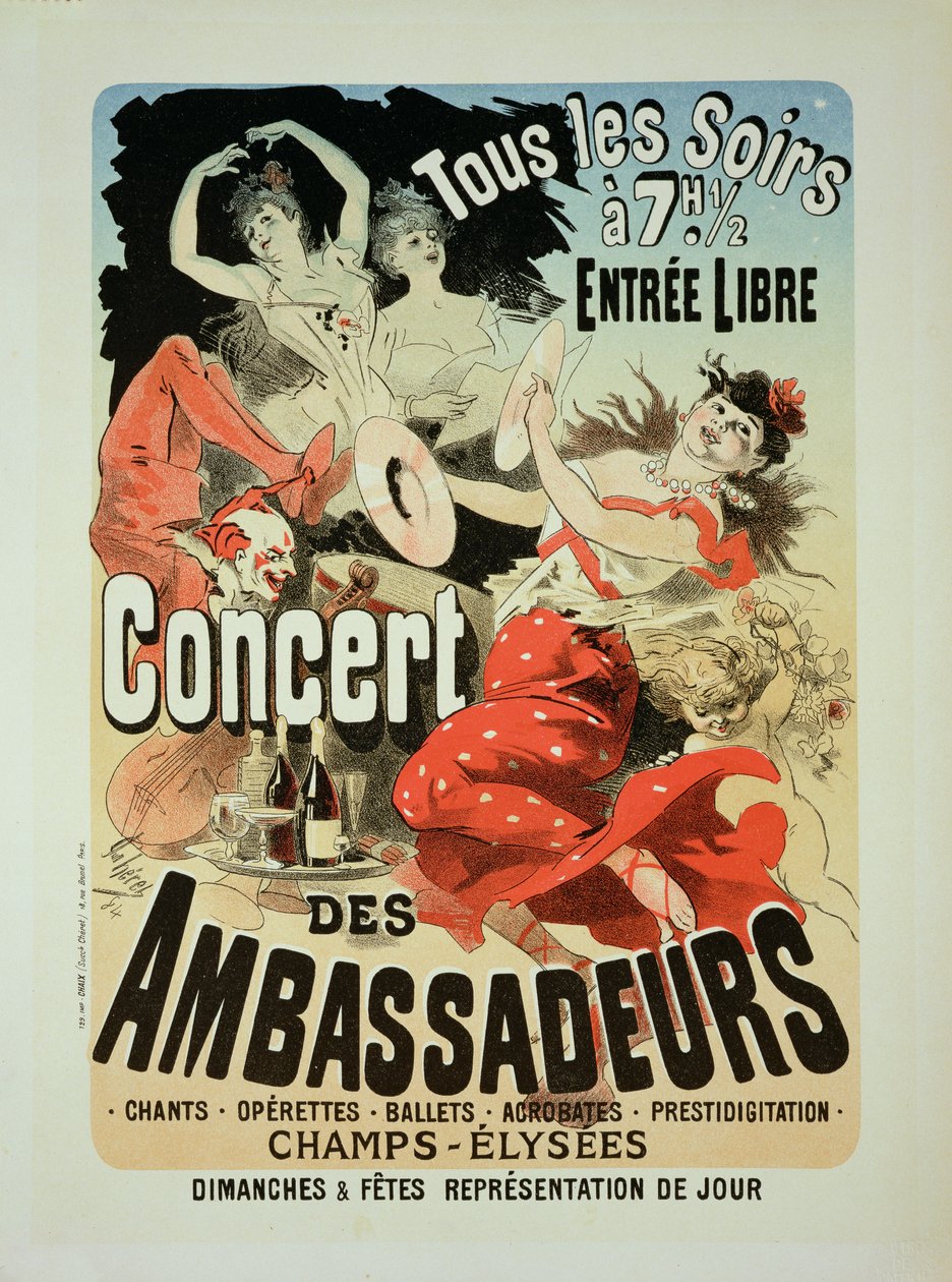 Reprodução de um cartaz anunciando um &39;Concerto de Embaixadores&39;, Champs Elysees, Paris, 1884 de Jules Cheret