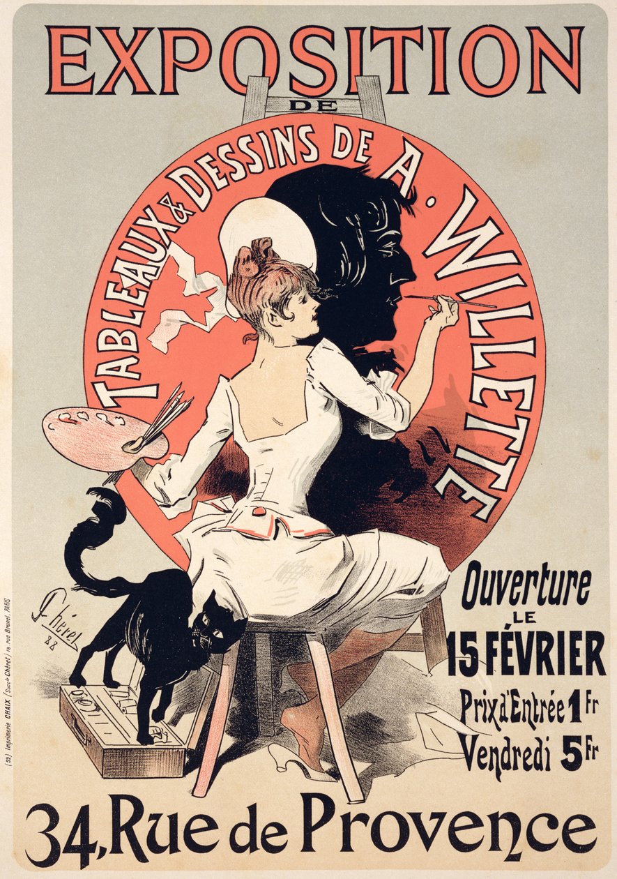 Reprodução de um cartaz publicitário de uma &39;Exposição das Pinturas e Desenhos de A. Willette (1857-1926), Rue de Provence, 1888 de Jules Cheret