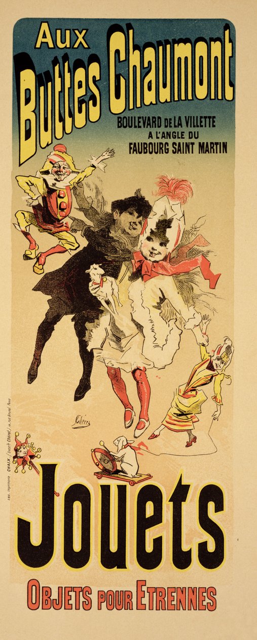 Reprodução de um cartaz anunciando a loja de brinquedos &39;Aux Buttes Chaumont&39; de Jules Cheret