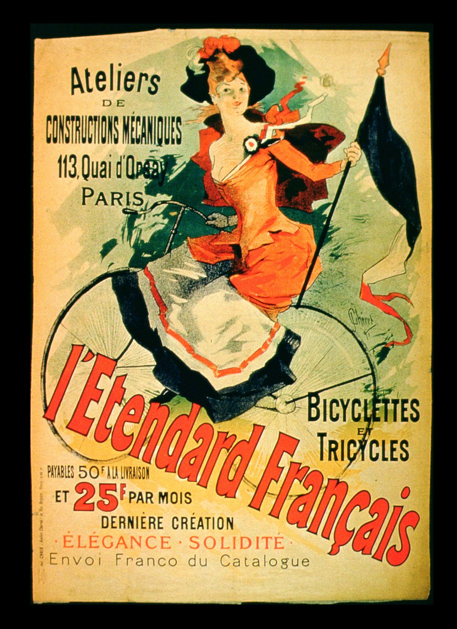 &39;The French Standard&39;, cartaz publicitário do &39;Atelier de Constructions Mecaniques, Bicicletas e Triciclos, Paris, 1891 de Jules Cheret