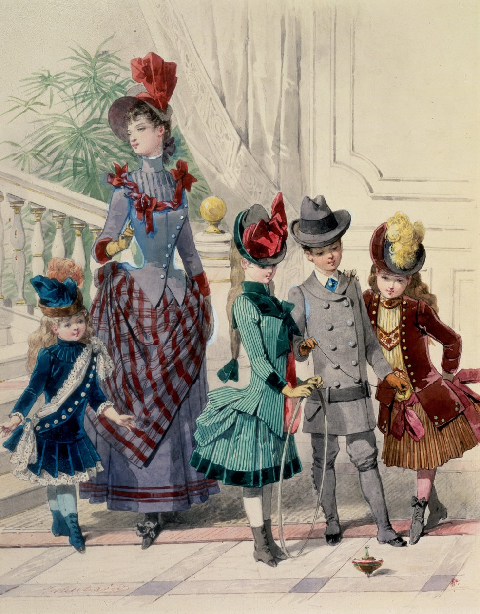 Mãe e filhos em traje interior, placa de moda francesa de Jules David