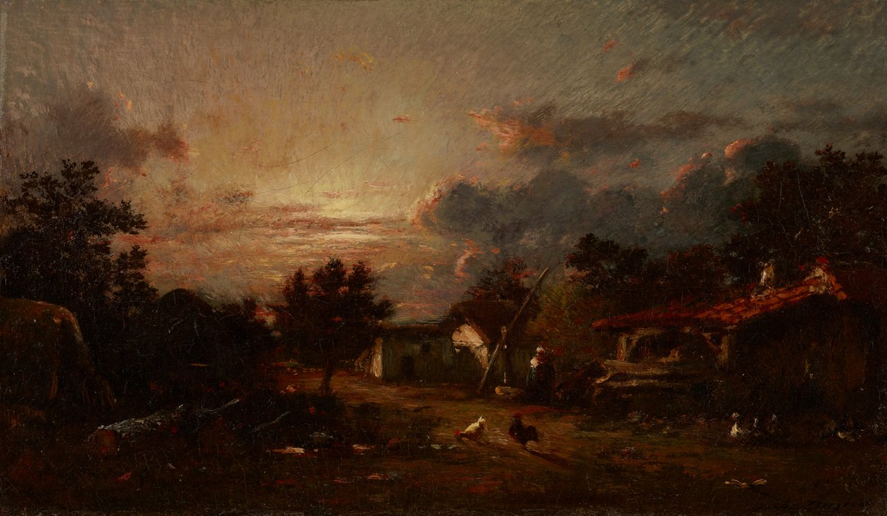Cena da aldeia, pôr do sol, c.1870 de Jules Dupré