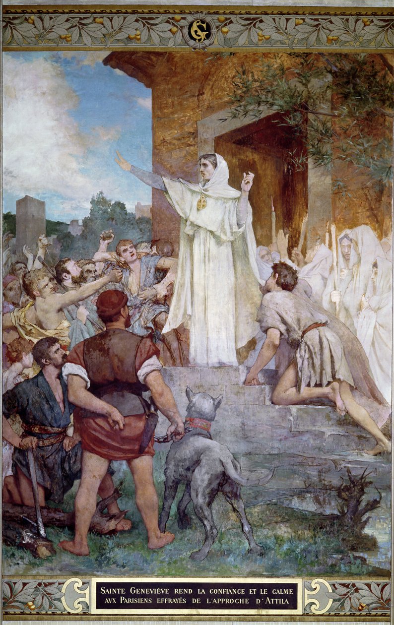 St. Genevieve acalmando os parisienses na aproximação de Átila (c.406-453) de Jules Elie Delaunay