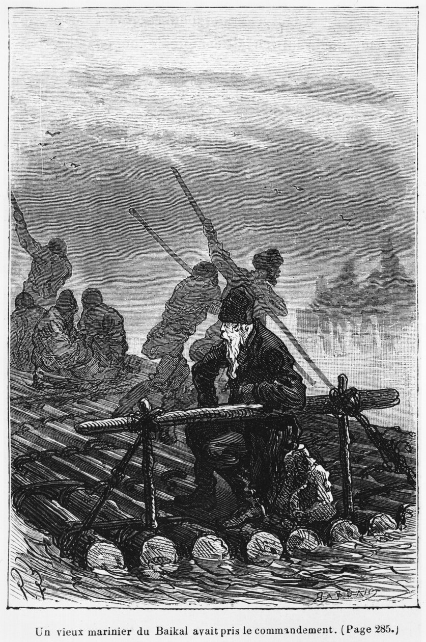 Um velho barqueiro de Baikal assumiu o comando da jangada, ilustração de "Michel Strogoff" de Jules Verne (1828-1905) gravada por Charles Barbant (1919). Paris, Hetzel de Jules Ferat