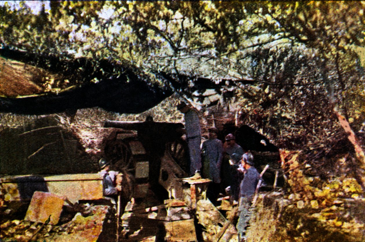 Uma bateria francesa de armas pesadas sob rede de camuflagem na floresta, Verdun, setembro de 1916 (autocrômico) de Jules Gervais Courtellemont
