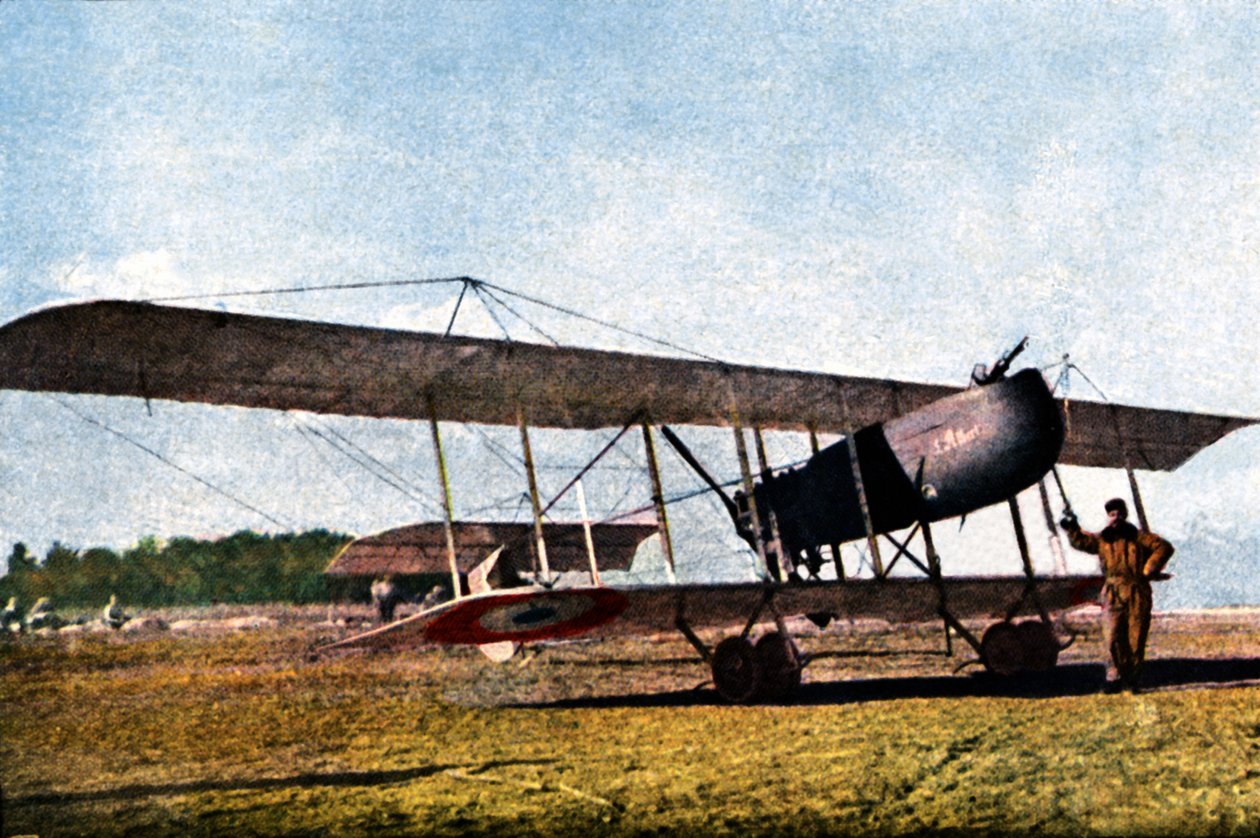 Um piloto e um belga Farman F.40 No. 10 (chamado Kodak), que serviu como uma aeronave de reconhecimento, Verdun, setembro de 1916 (autocrômico) de Jules Gervais Courtellemont