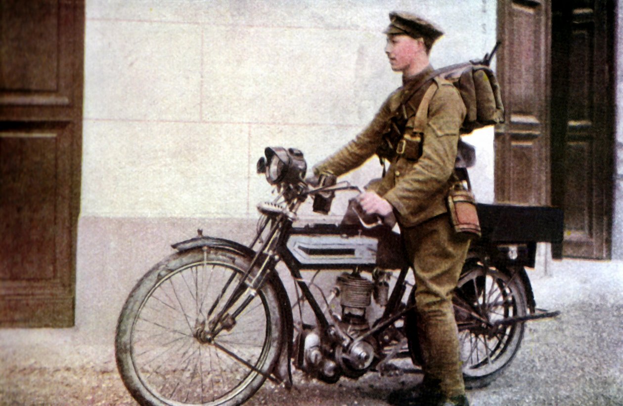 Um piloto de expedição inglês decolando durante a Batalha do Marne, a leste de Paris, em setembro de 1914 (autocrômico) de Jules Gervais Courtellemont