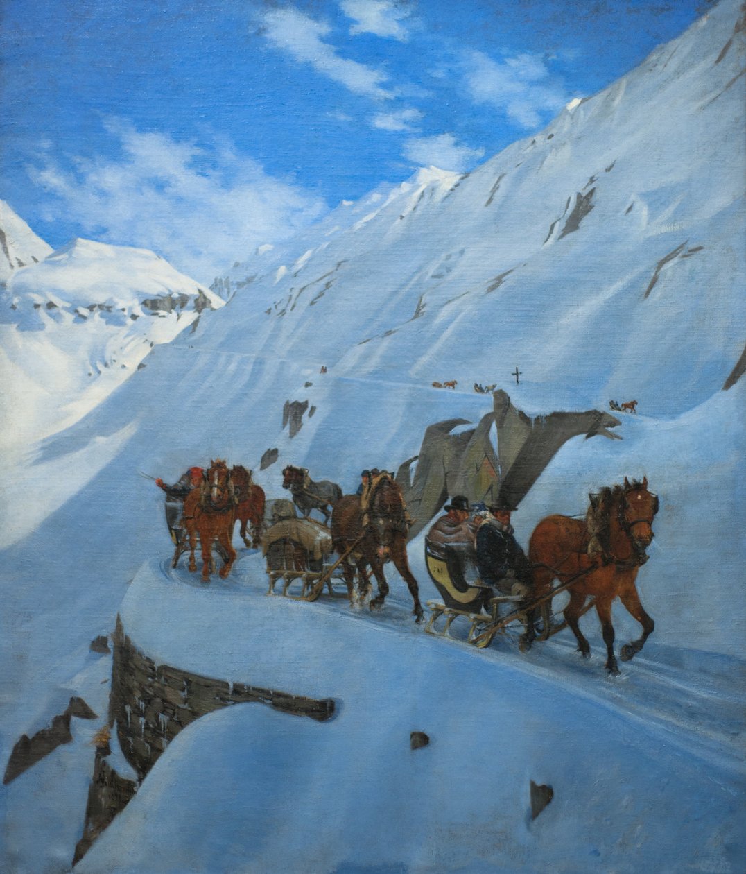 Poste comboio no Gotthard no inverno de Jules Jacques Jacot Guillarmod