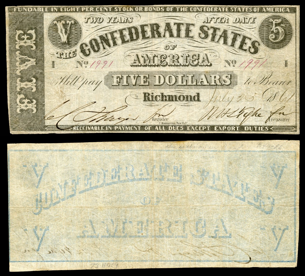 Segunda série US $ 5 notas dos Estados Confederados da América. Estados confederados da América em frente, apenas 1861 emitiu nota com um verso impresso. de Jules Manouvrier