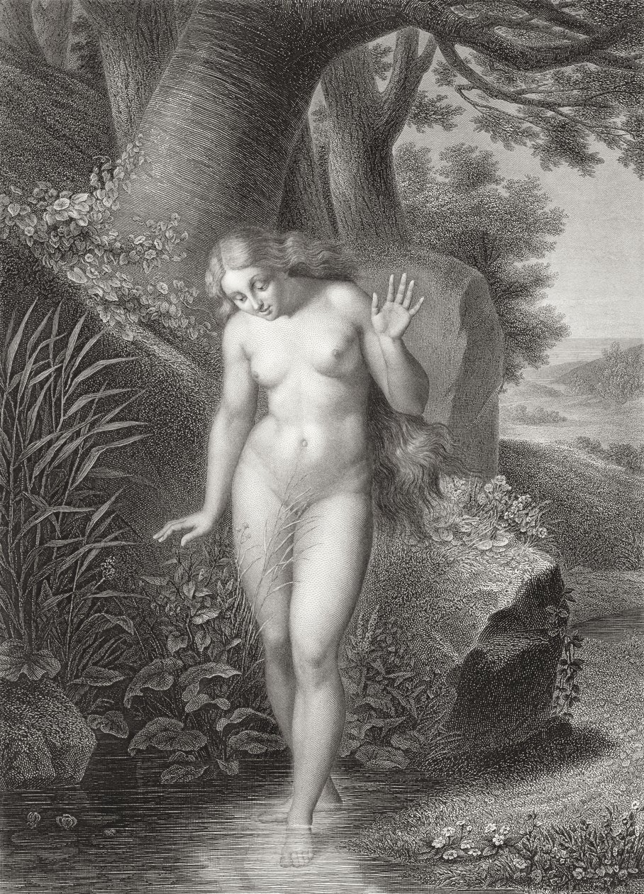 O reflexo de Eva na água, de uma edição francesa de &39;Paradise Lost&39;, de John Milton (1608-74), gravada por St. Eve and Lalaisse, publicada em 1868 de Jules Richomme