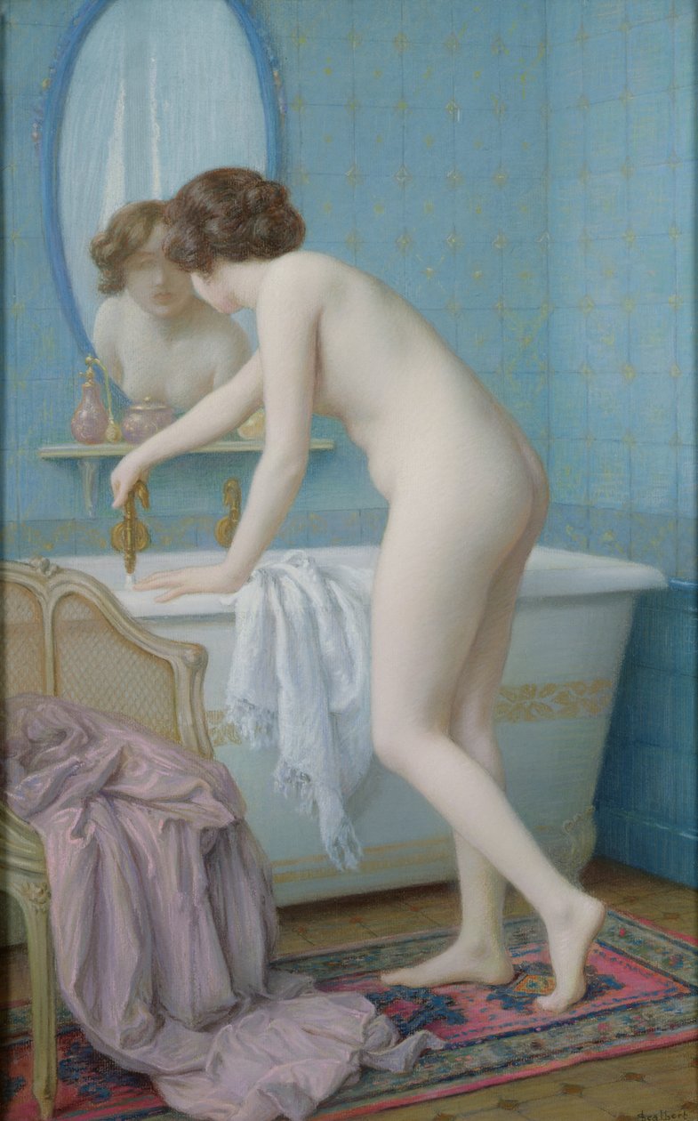 Jovem mulher preparando seu banho (pastel em papel) de Jules Scalbert