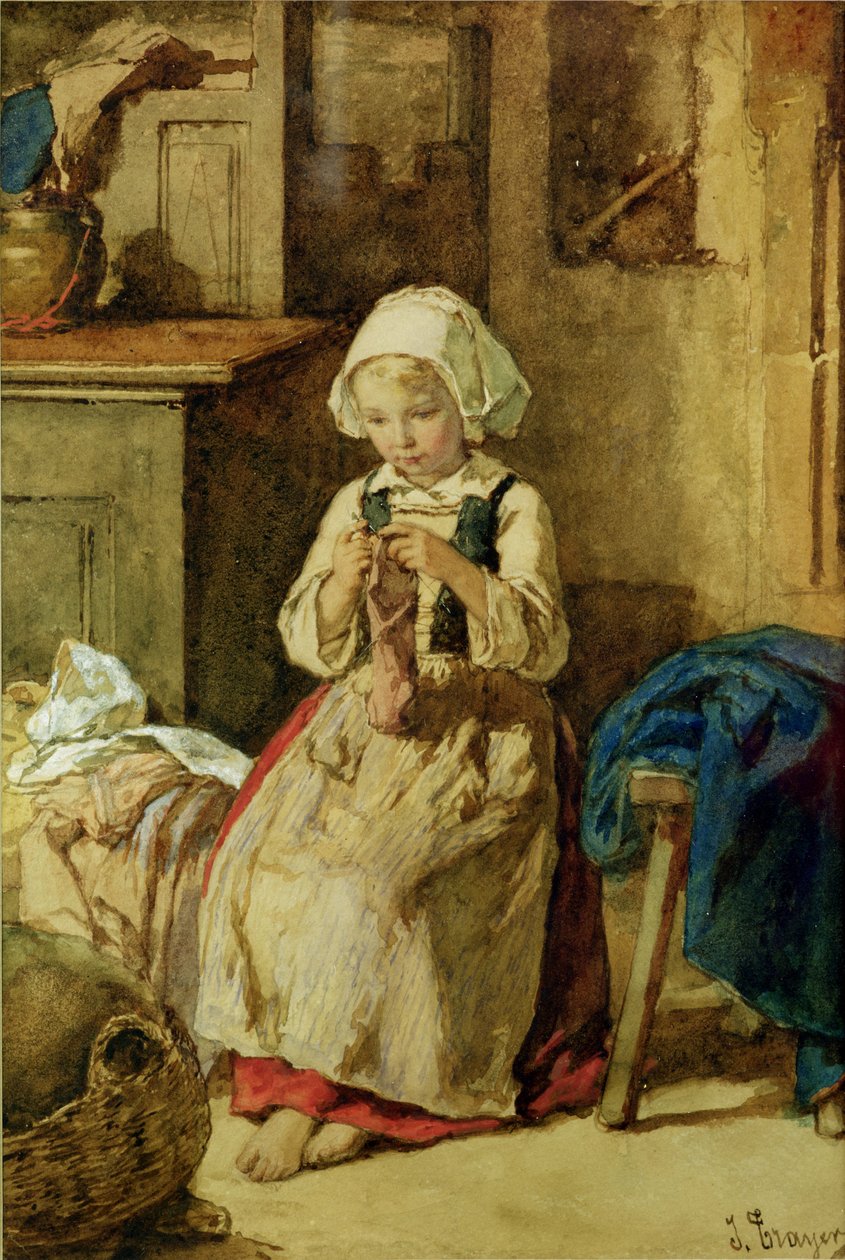 Menina jovem, cosendo de Jules Trayer