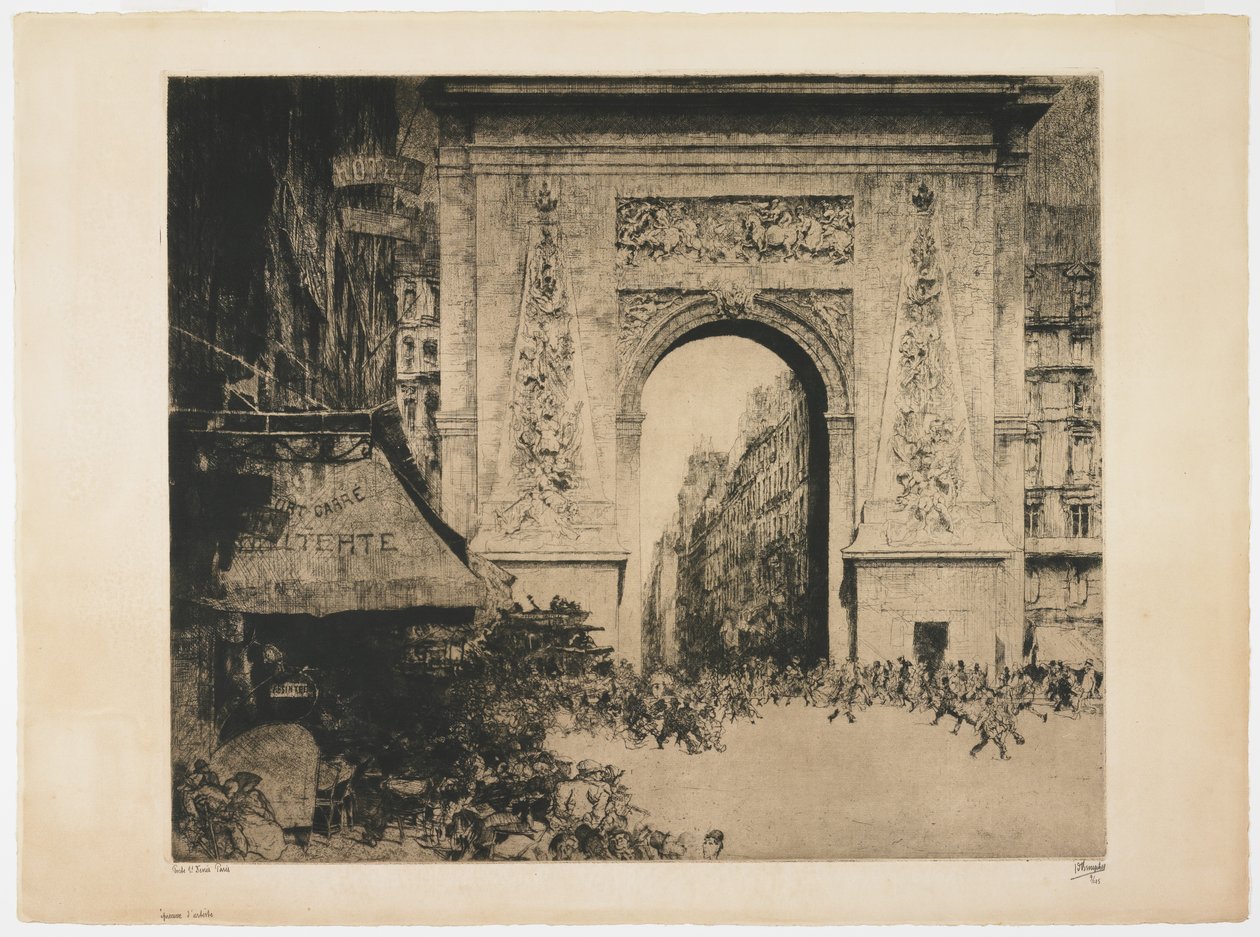 Porte Saint-Denis, Paris, 1928 (gravura, ponto de secagem, aquatinta e placa de som) de Jules de Bruycker