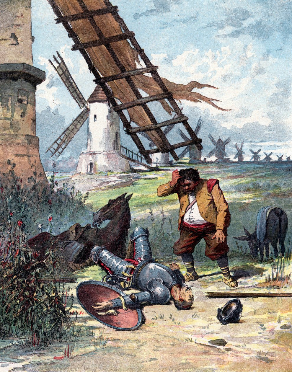 Dom Quixote lutou com moinhos de vento e caiu do seu cavalo, Sancho Pança olha para o seu amo, ilustração do livro de Miguel de Cervantes "Histoire de Don Quichotte", gravura segundo Jules David de Jules (after) David